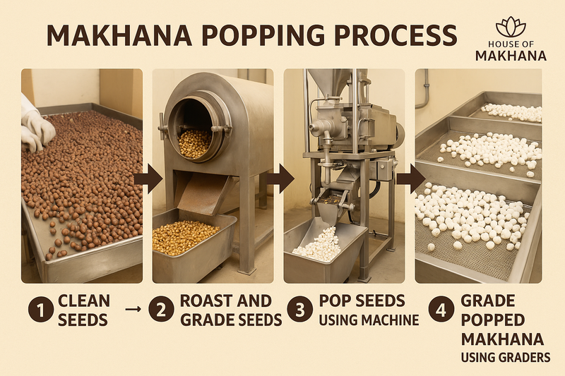 Step by Step makhana popping process. In House of makhana we pop makhana by using machine. 
1. Clean Seeds
2. Roast and Grade Seeds
3. Pop Seeds using machine
4. Grade Popped Makhana using graders.